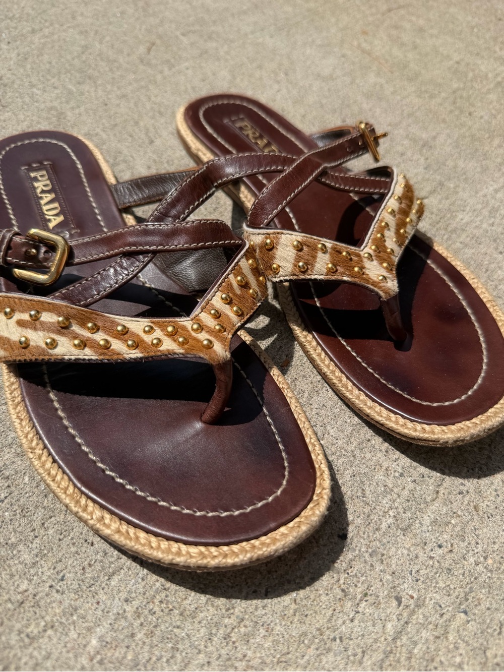 Prada Brown Pony Hair Zebra Print Leather Studded Crisscross Sandals - Picture 3 of 5